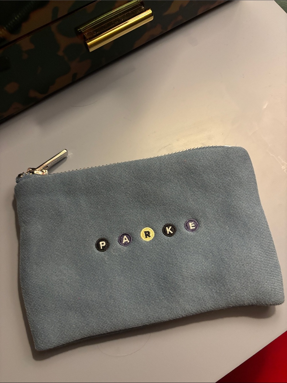 Parke NYC Light Blue Canvas Zip Cosmetic Pouch with Letter Embellishments